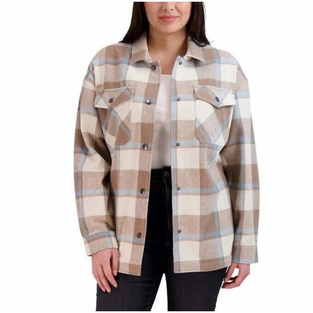 HFX Flannel Shirt Jacket Women's M Heavy Plaid Neutral Relaxed Fit Warm Fall NWT